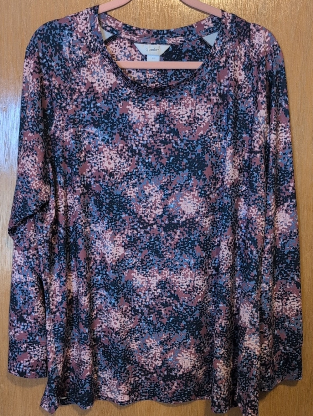 CJ Banks Pink and Blue Pixel-Print Long Sleeve Top